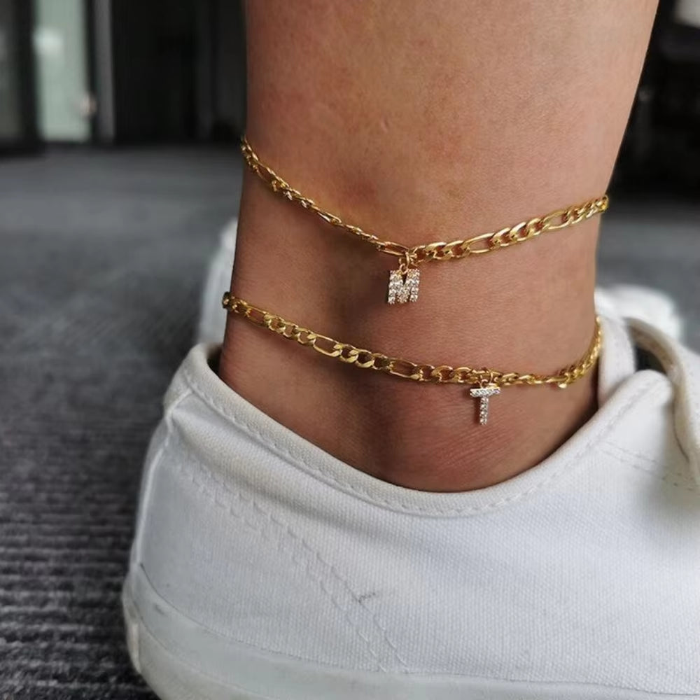 Zircon Initials Anklet DIY Stainless Steel Name Customized Anklet English Alphabet Birthday Gift for Men and Women Jewelr